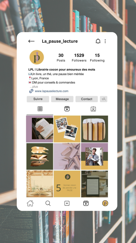 Profil Instagram avec des publications sur la lecture, des livres et des objets liés à la culture.