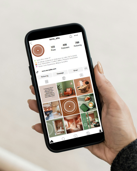 Un smartphone affichant un profil Instagram avec des images de décoration intérieure.