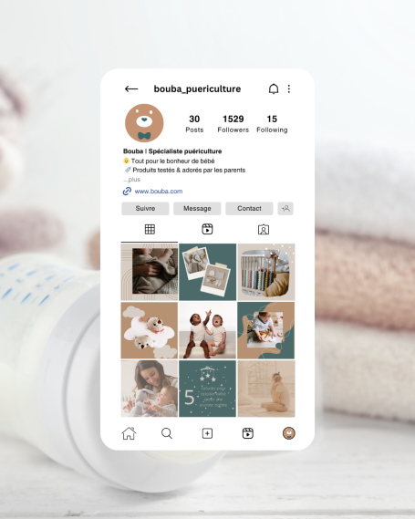 Profil Instagram avec des photos de bébés et des articles de puériculture.