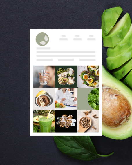 Mosaïque de photos de plats sains et boissons, avec un avocat sur fond noir.