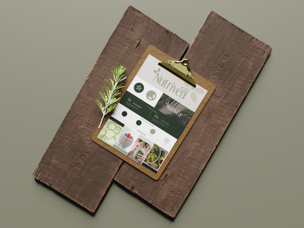 Planche en bois avec un clipboard affichant un design naturel et des éléments graphiques.