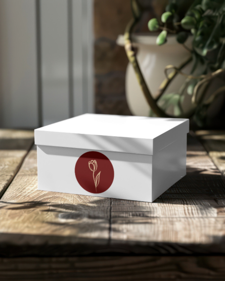 Boîte blanche avec un symbole de cuillère à glace sur un fond en bois.