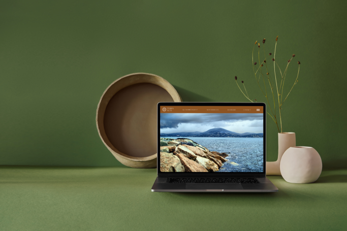 Ordinateur portable sur une table verte, avec une assiette et des vases décoratifs.