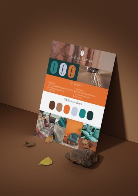 Affiche de présentation avec couleurs et échantillons de matériaux sur fond marron.