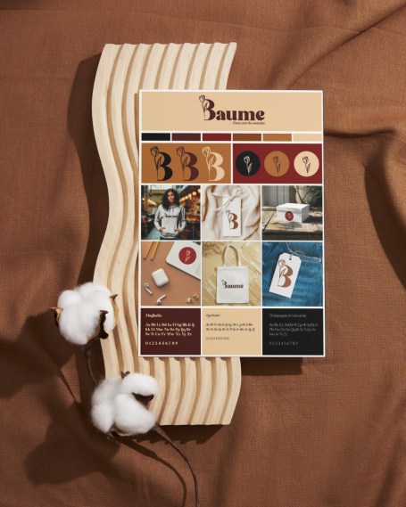 Collage de produits avec des textures sur un fond marron et des boules de coton.